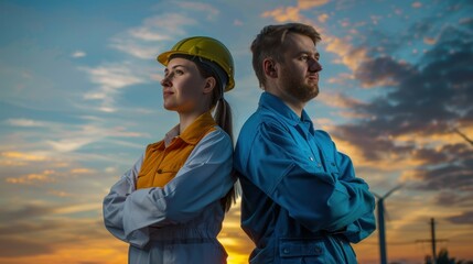 Wall Mural - Portrait of a male engineer standing confidently in the center with his back against the backdrop of a sunset sky