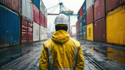 Wall Mural - worker in a hard hat and yellow jacket in the rain in a cargo port, view from the back