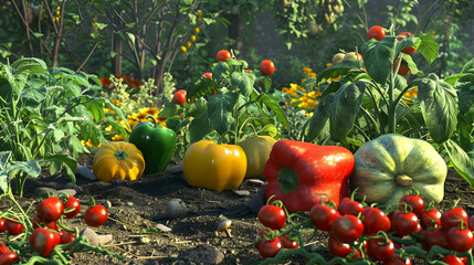 Wall Mural - a colorful assortment of fruits and vegetables, including a yellow pepper, a red tomato, and a green leaf, are arranged on a bed of dirt