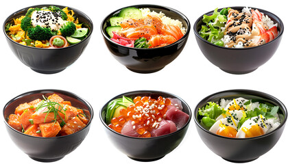 Wall Mural - Collage of different poke bowls isolated on white