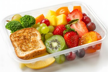 Wall Mural - Toast, fruit and vegetables in a plastic box.