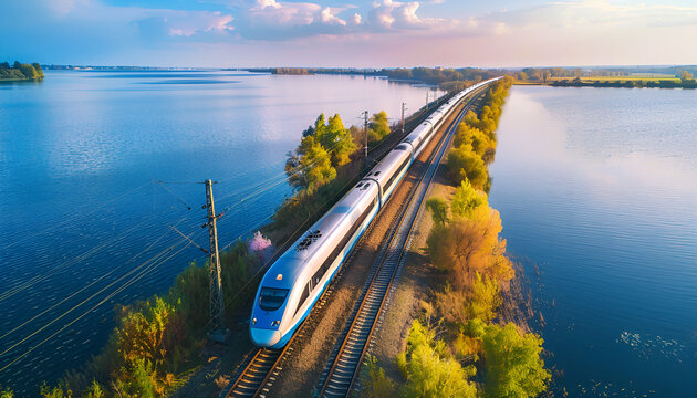 high speed train passes by a lake. Aerial high view