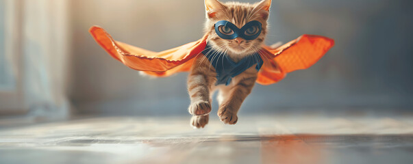 Adorable kitten dressed as a superhero with a red cape and mask jumping in mid-air against a neutral background with copy space for text.