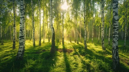 Wall Mural - Birch Grove in Green Forest Bathed in Sunlight on a Summer Day