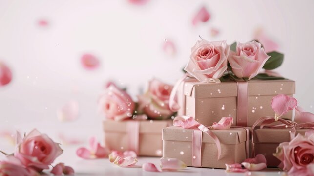 Beautiful rose adorned gift boxes set against a white backdrop Marks International Women s Day