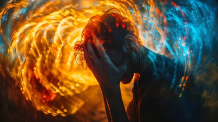 Wall Mural - A person is holding their head in front of a swirling light, AI