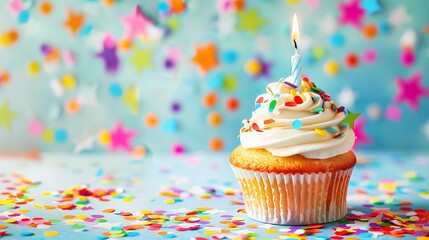 Delicious birthday Cupcake With One Candle on the white table with confetti stars on isolated on colorful background