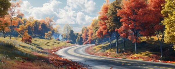 Wall Mural - Going on a scenic drive to admire autumn foliage, October 29th, winding roads and colorful trees, 4K hyperrealistic photo.