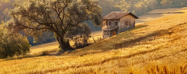 Wall Mural - Rustic farmhouse surrounded by golden fields, 4K hyperrealistic photo