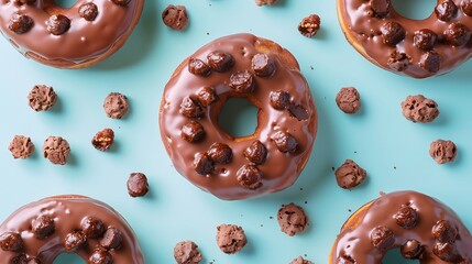 Wall Mural - delicious glazed doughnuts with chocolate cereal topping isolated on colorful background