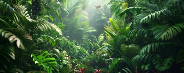 Wall Mural - Lush rainforest canopy teeming with exotic plants and wildlife, 4K hyperrealistic photo