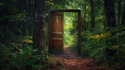 Wall Mural - Door in the forest. Background illustration generated by ai