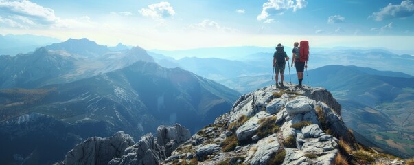 Hikers reaching a mountain peak with expansive valley views, blue sky, 4K hyperrealistic photo.