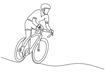 Man riding racing bike wear helmet continuous line drawing. Fitness and sport concept.