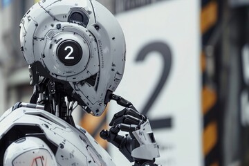 Wall Mural - Photo of an AI robot thinking about the number 