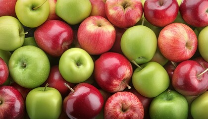 Fresh ripe red and green apples as background, top view 