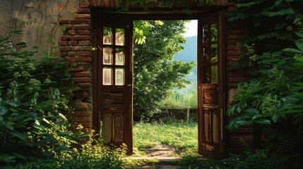 Wall Mural - Door in the forest. Background illustration generated by ai