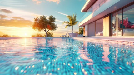 Canvas Print - Private swimming pool near luxury villa. Sunny summer vacation. Generative Ai Edited