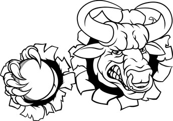 Wall Mural - A bull or Minotaur monster longhorn cow angry mean cricket mascot cartoon character.