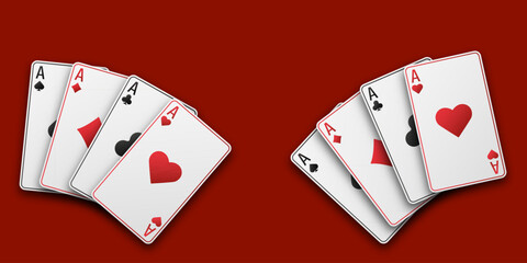 Wall Mural - Casino or poker concept. Fan of hand playing cards. Red playing table. Aces with the suit of hearts, clubs, diamonds and spades. Vetor illustration.