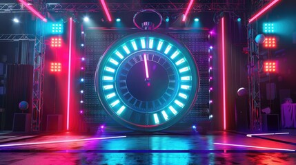 Wall Mural - Quiz Show Set with a Big Countdown Clock and Flashing Lights. Concept of Time Pressure, Competition, and Entertainment