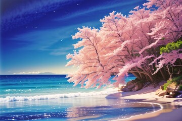Wall Mural - a dreamy tropical island with swaying pink trees adorns a white sandy beach under a bright blue summ