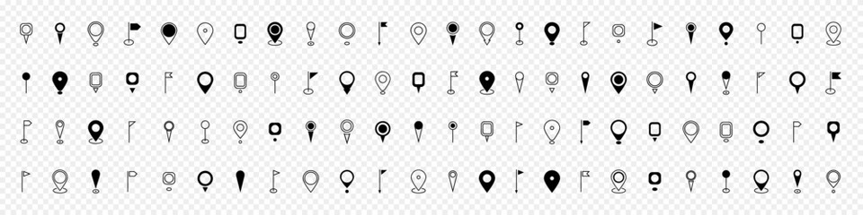 Modern Map marker pointer logo icon set. GPS pin symbol collection. Set location pin icon. Map pin place marker. Destination symbol. Flat style. Vector illustration on transparent background.