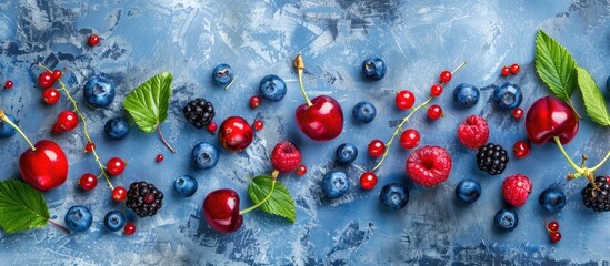 Wall Mural - Summer Berry Mix on Blue Concrete Background: Blueberries, Red and Black Currants, and Cherries - A Top-Down View Representing the Essence of Summertime Cuisine