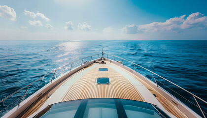 Wall Mural - view from the front of the deck of a docked yacht off the beaches, sunny daytime sky, calm blue water