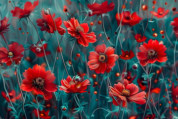 Wall Mural - Red cosmos flowers in the floral garden