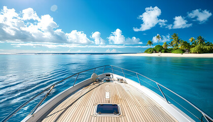 Wall Mural - view from the front of the deck of a docked yacht off the beaches, sunny daytime sky, calm blue water