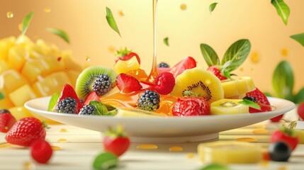 Wall Mural - Refreshing fruit salad with honey pouring. Healthy eating. Illustration AI