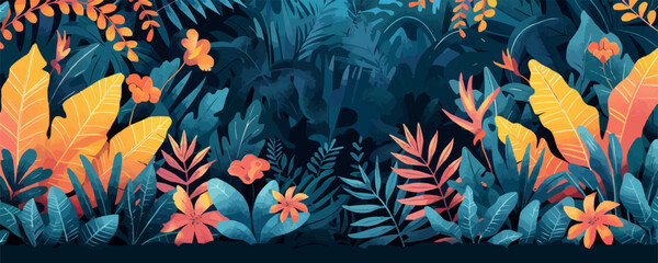 Tropical rainforest with exotic plants and animals Vector flat minimalistic isolated illustration