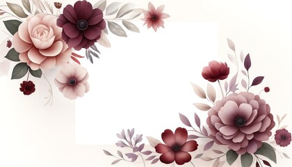 Wall Mural - An image with a soft, light watercolor background, featuring different burgundy flowers framing the edges