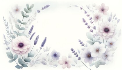 Wall Mural - An image with a soft, light watercolor background, featuring different lavender flowers framing the edges