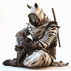 Wall Mural - 3D Zebra assassin cartoon with mask isolated on white background. Realistic Zebra ninja