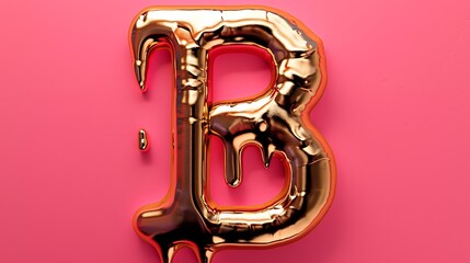 Wall Mural - Stylish alphabet letter B shiny gold liquid drip on pink and red background
