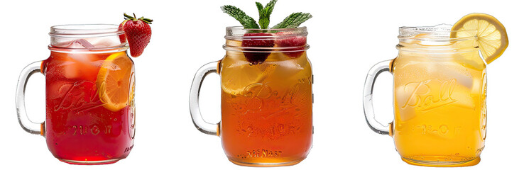 Wall Mural - Mason Jars With Lemonade, Iced Tea, and Strawberry Juice. Isolated on a Transparent Background. Cutout PNG.