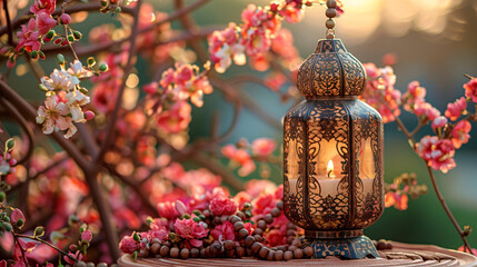 Wall Mural - Eid-al-Adha elegance with golden lantern, wooden rosary, and floral splendor. Perfect for religious events and cultural celebrations.