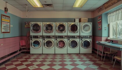 Old laundromat interior featuring rows of washing machines. Dirty self-service laundry facility