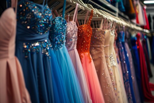 Wide angle shot of prom dresses on hangers in the store. Soft lighting created a romantic atmosphere, in the style of a fashion photographer.