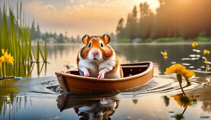 lake in the mountains, red fox in the snow, tiger on the beach, cat in a garden wallpaper puppy on the beach, Cute hamster boating in lake water vector illustration.