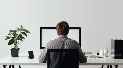 Man working at a modern office desk with a computer, isolated on white background, professional and focused, highresolution, copy space