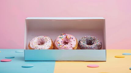 Wall Mural - Tasty donuts in a box isolated on colorful background