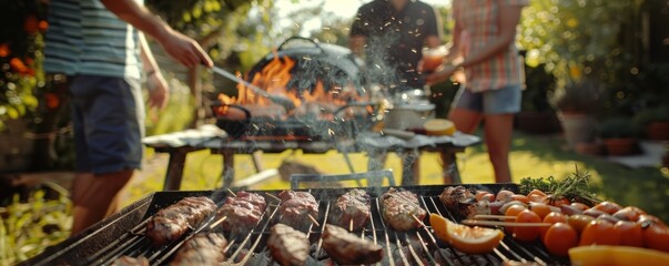 Wall Mural - Friends having a cookout in the backyard for National BBQ Day, delicious food on the grill, 4K hyperrealistic photo.