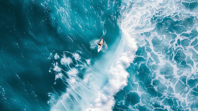 Surfer rides a big wave. The image is taken from a high angle and shows the surfer in the center of the frame.