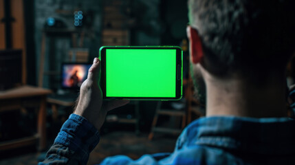 Man holding a smartphone with a bright green screen. He could be watching a video, playing a game, or streaming content.