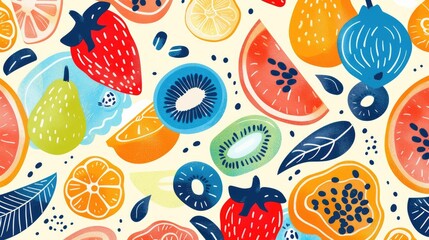 Product featuring a seamless pattern of fruits and berries, including oranges and citrus on a white background. Perfect for creative arts or incorporating into design projects AIG50