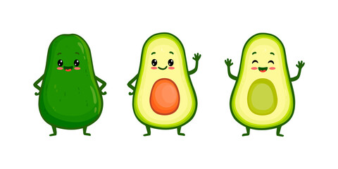 Wall Mural - Set of cute avocados. Avocado cartoon character. Funny flat character isolated on white background. Doodle style.