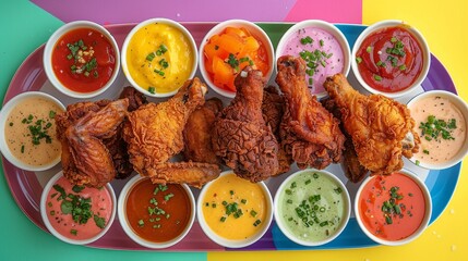 Wall Mural - Crispy Fried Chicken Platter - Overhead Shot of Delicious Legs, Wings, Tenders, and Sauces on Colorful Background